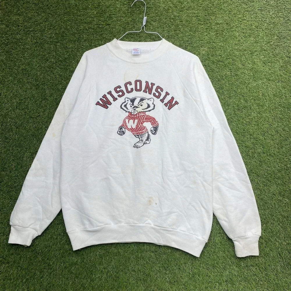 Vintage Wisconsin Badgers Sweater Mens Large White NCAA Basketball Crewneck 90s